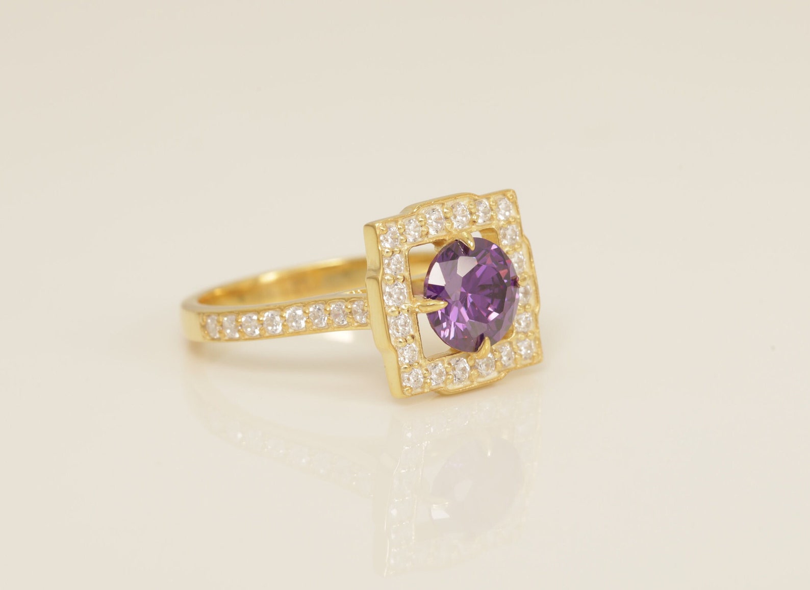 Diamond Halo Amethyst Engagement Ring, February Birthstone Ring, Bridal Promise Ring for Women, Anniversary Ring
